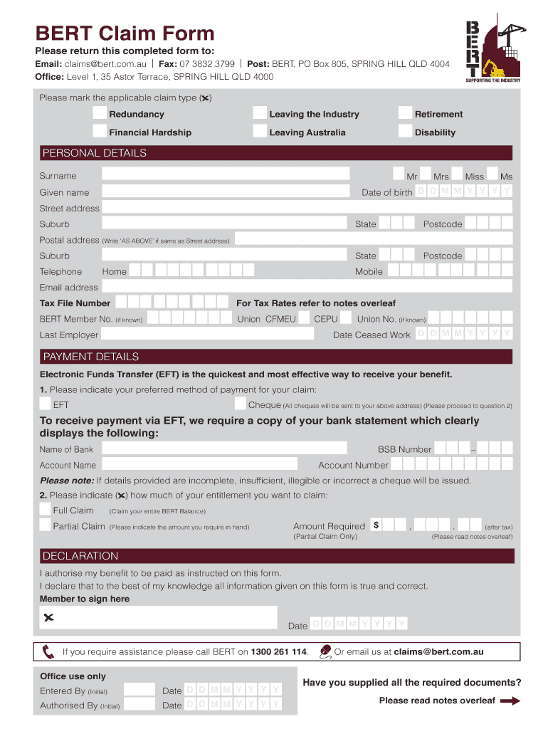  BERT Claim Form 2017