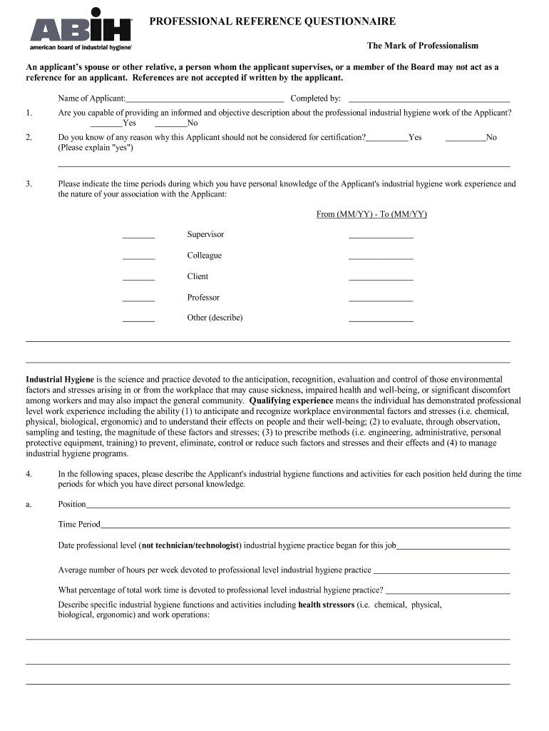  PROFESSIONAL REFERENCE QUESTIONNAIRE Abih 2011-2024