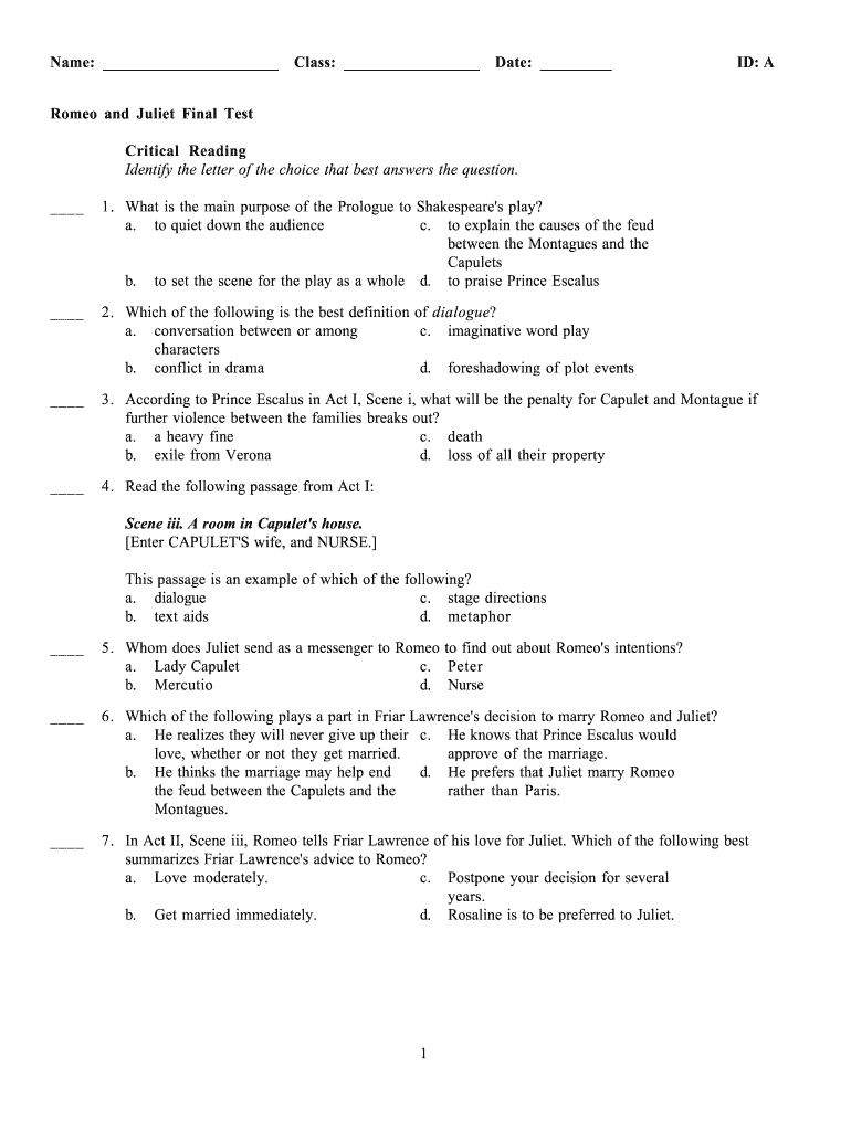 Name Class Date ID a Romeo and Juliet Final Test  Form
