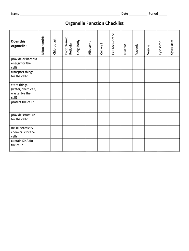 Cell Organelle Functions Worksheet PDF  Form