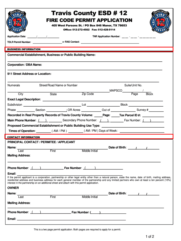 Fire Code Permit Application  Travis County  Form