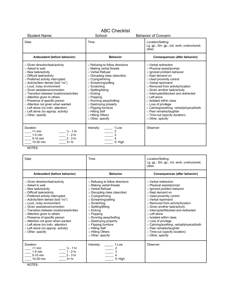 Abc Checklist  Form