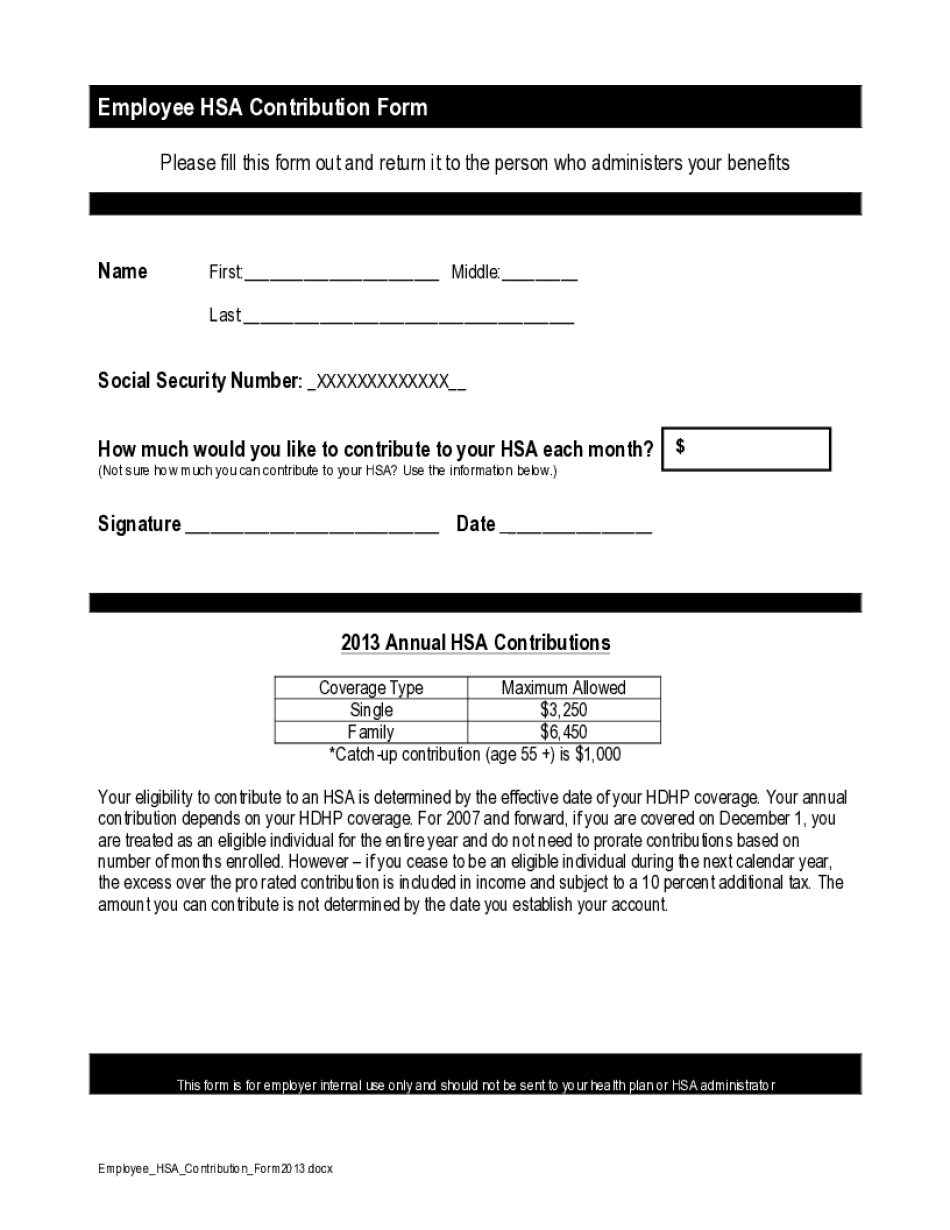  Employee HSA Contribution Form2013 Utah Foster Care 2013-2024