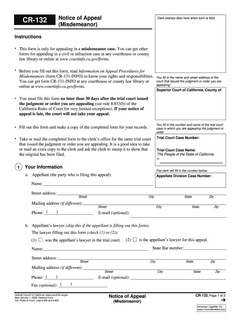 CR 132 Notice of Appeal Misdemeanor Judicial Council Forms  Alpine Courts Ca