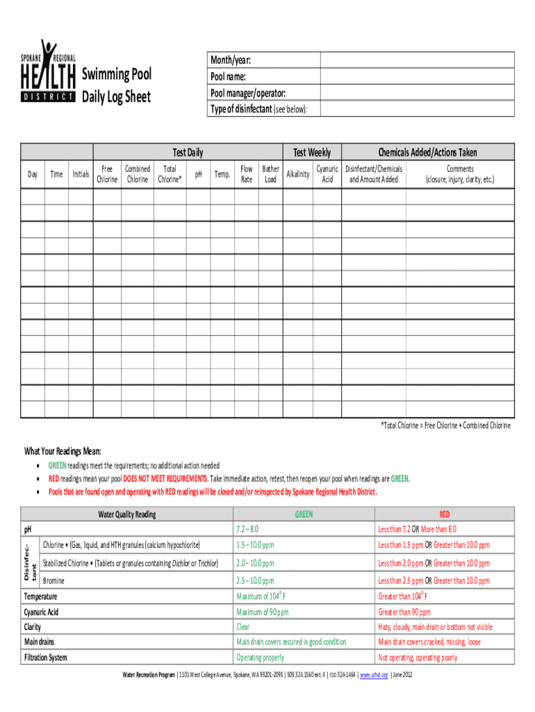 Pool Chemical Log Sheet  Form