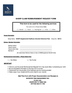 SHARP CLAIM REIMBURSEMENT REQUEST FORM This Form to Be Adventistretirement