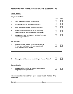 Questionnaire for Food Handlers  Form