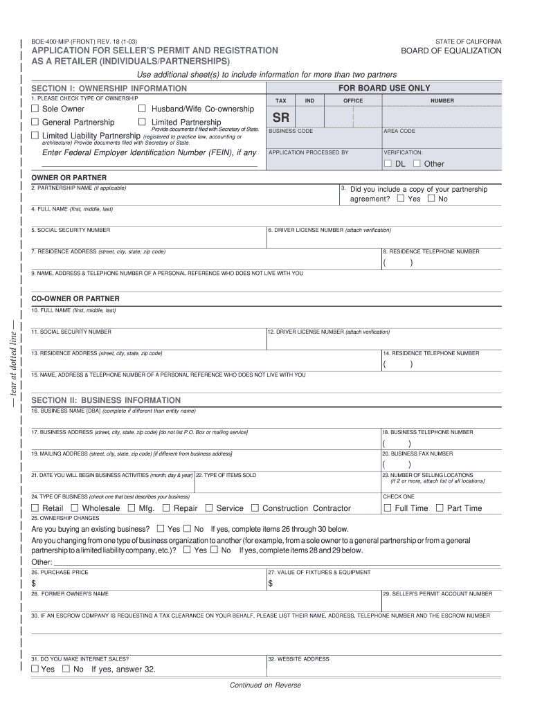  BOE 400 MIP REV 18 1 03 California Sellers Permit 2003-2024