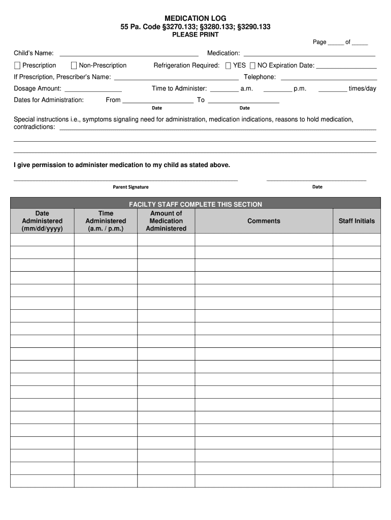 MEDICATION LOG 55 Pa Code 3270133 3280133 3290133  Form