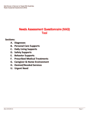 Needs Assessment Questionnaire NAQ Tool Utah DSPD Dspd Utah  Form