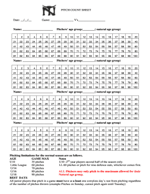 PITCH COUNT SHEET Date Game Vs Baseball NT  Form