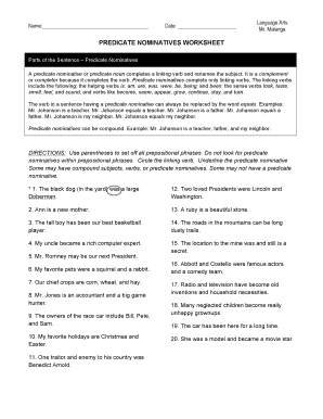 Predicate Nominative Worksheet  Form