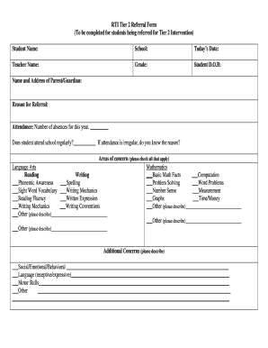 RTI Tier 2 Referral Form to Be Completed for Students