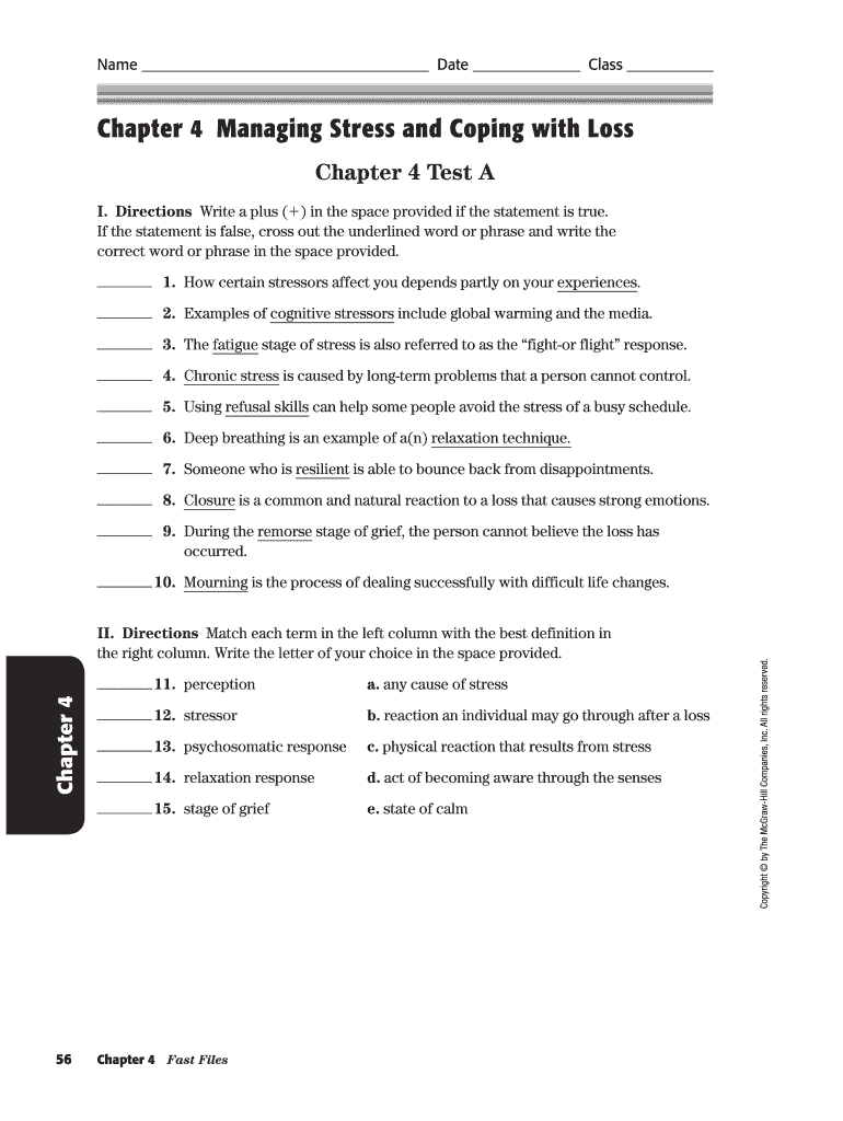 Chapter 4 Managing Stress and Coping with Loss Student Activity Workbook Answers  Form