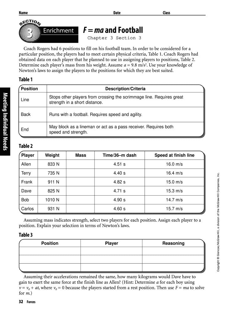 F Ma and Football Worksheet Answers  Form