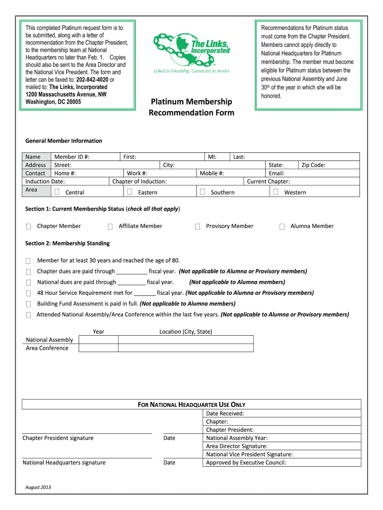  Platinum Membership Recommendation Form 2013-2024