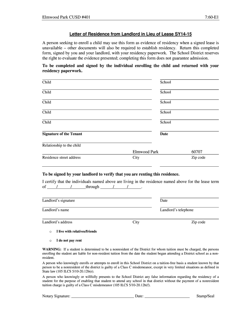  14 15 Dist Letter of Residence Form Landlord in Lieu of Lease 2015
