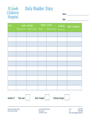 Bladder Diary Form Monashchildrenshospitalorg