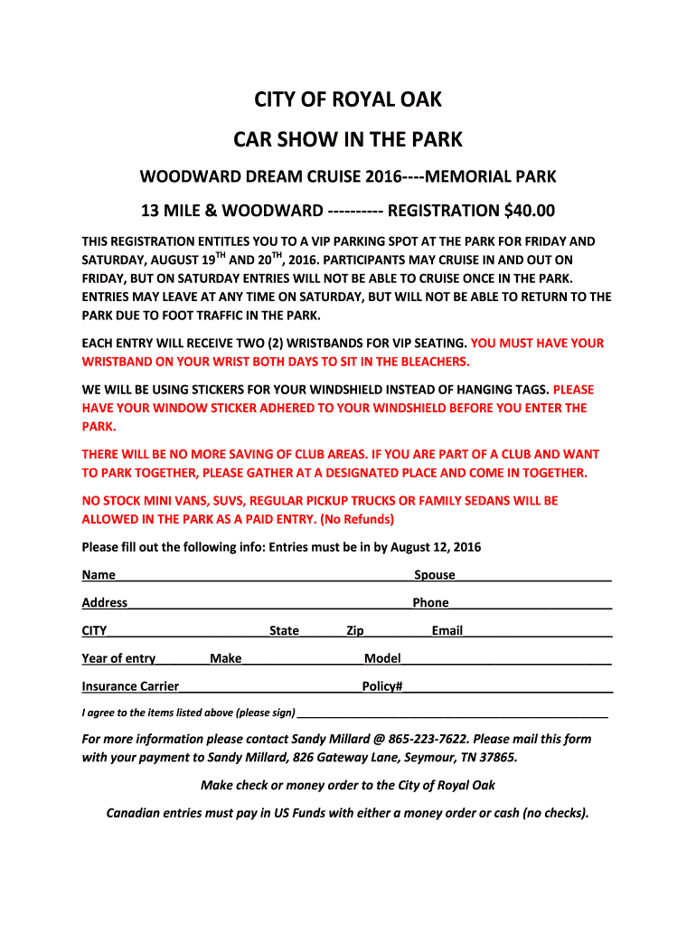 Get and Sign CITY of ROYAL OAK CAR SHOW in the PARK 2016-2022 Form