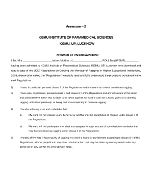 Annexure 2 KGMU INSTITUTE of PARAMEDICAL SCIENCES KGMU, UP, LUCKNOW AFFIDAVIT by PARENTGUARDIAN I, Mr Kgmu  Form