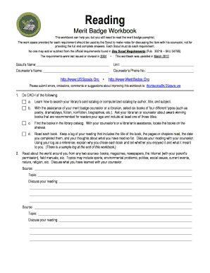 Reading Merit Badge Worksheet  Form