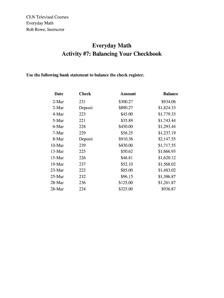 Everyday Math Activity 7 Balancing Your Checkbook Schools Ccps K12 Va  Form