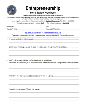 Entrepreneurship Merit Badge Worksheet  Form