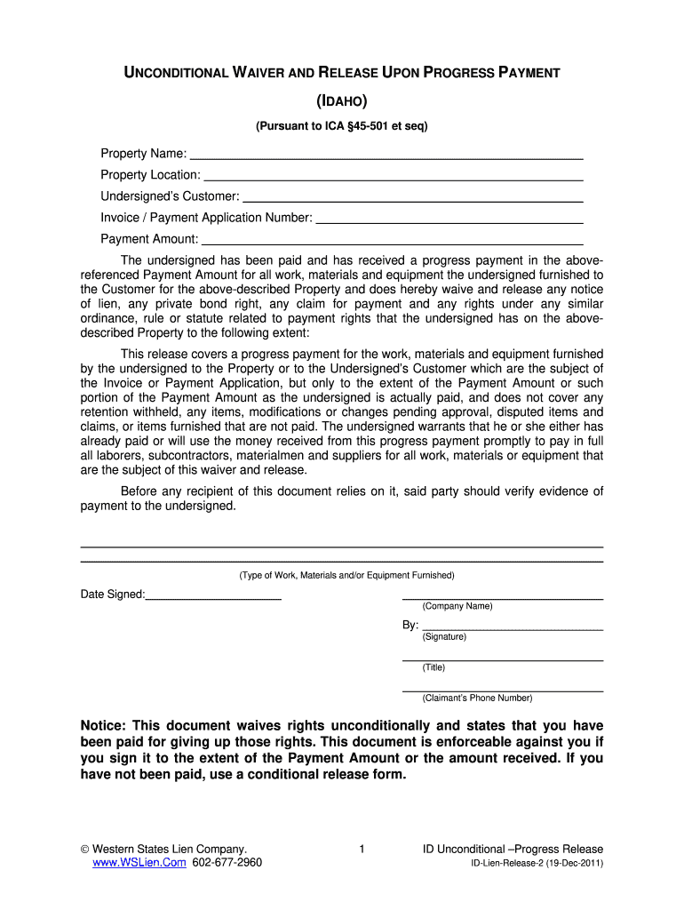 Lien Release Form Idaho