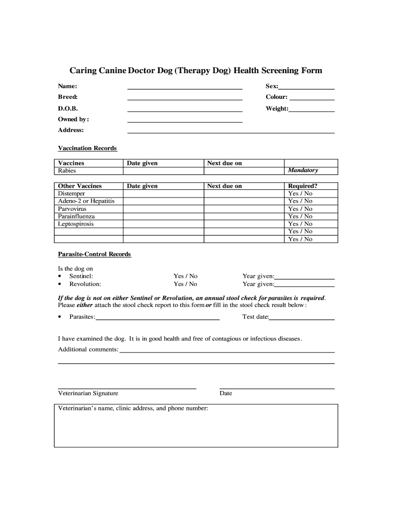 Caring Canine Doctor Dog Therapy Dog Health Screening Form  Dgp Toronto