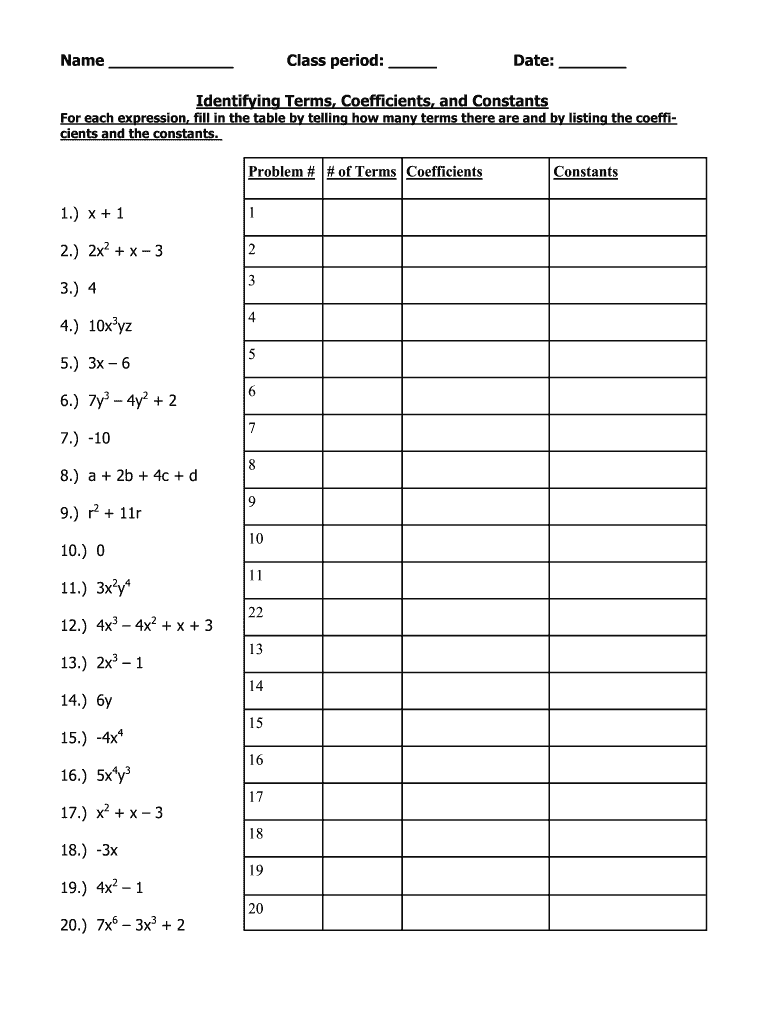 Identifying Terms Coefficients and Constants  Form