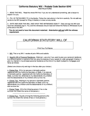 California Statutory Will Fillable Form