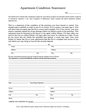 Apartment Condition Statement  Form