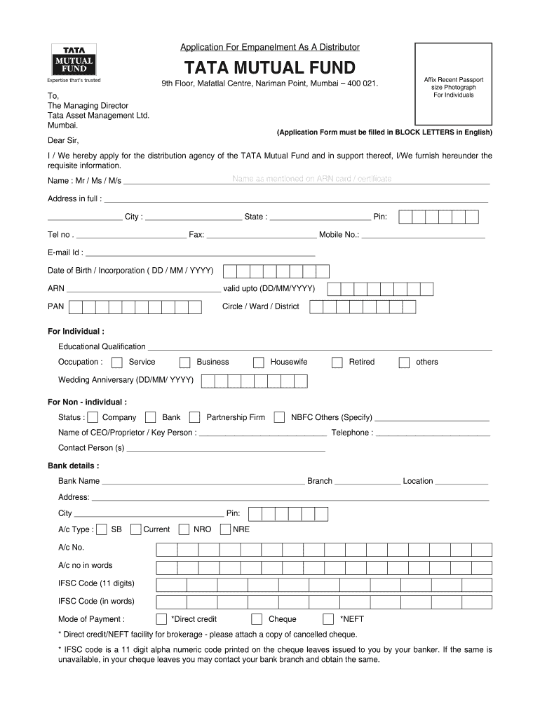 Tata Mutual Fund Distributor Empanelment Online  Form