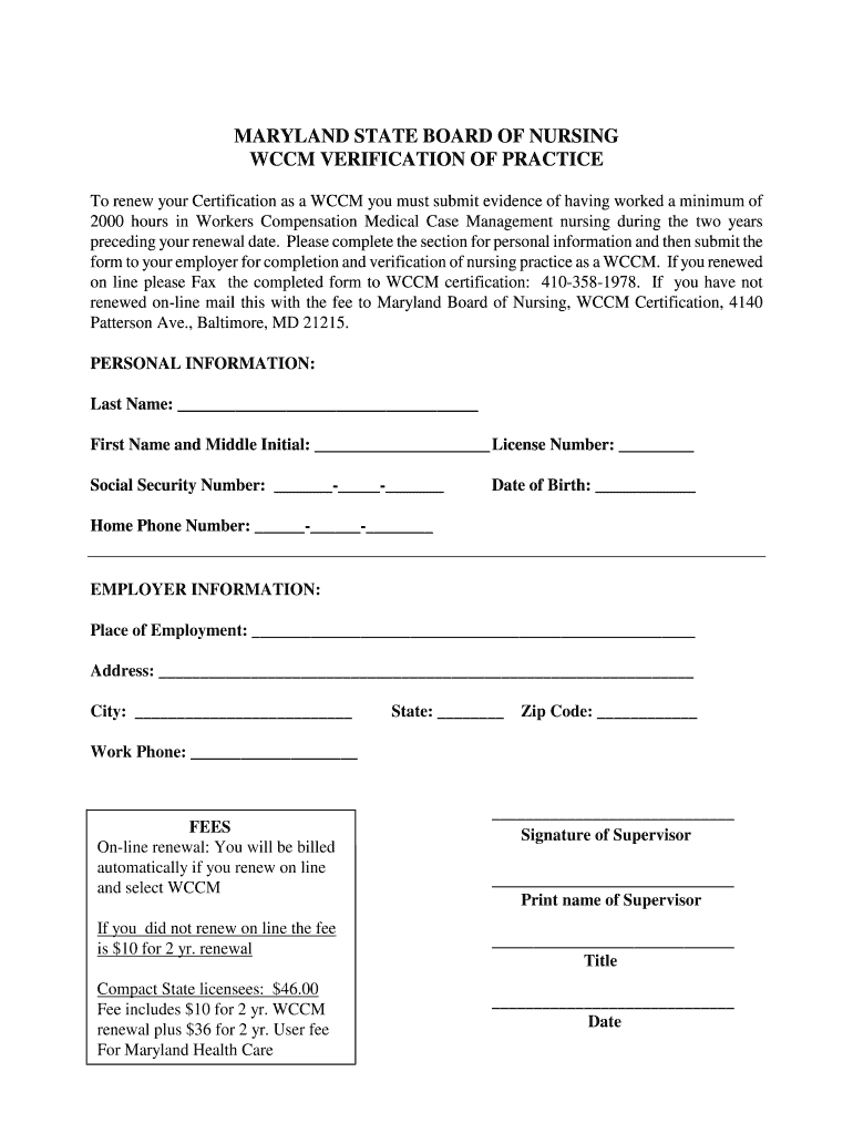 MARYLAND STATE BOARD of NURSING WCCM VERIFICATION of PRACTICE  Form