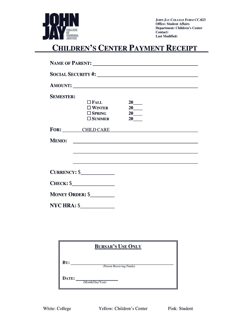 CHILDREN S CENTER PAYMENT RECEIPT inside Jjay Cuny  Form