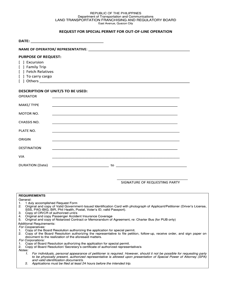  Ltfrb Special Permit 2016