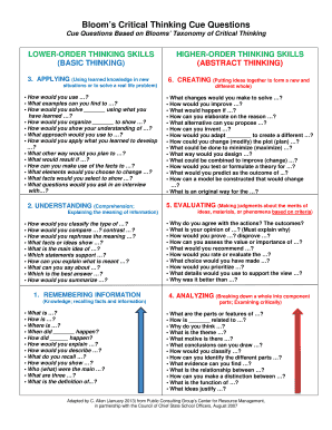 Bloom&#039;s Critical Thinking Cue Questions  Form