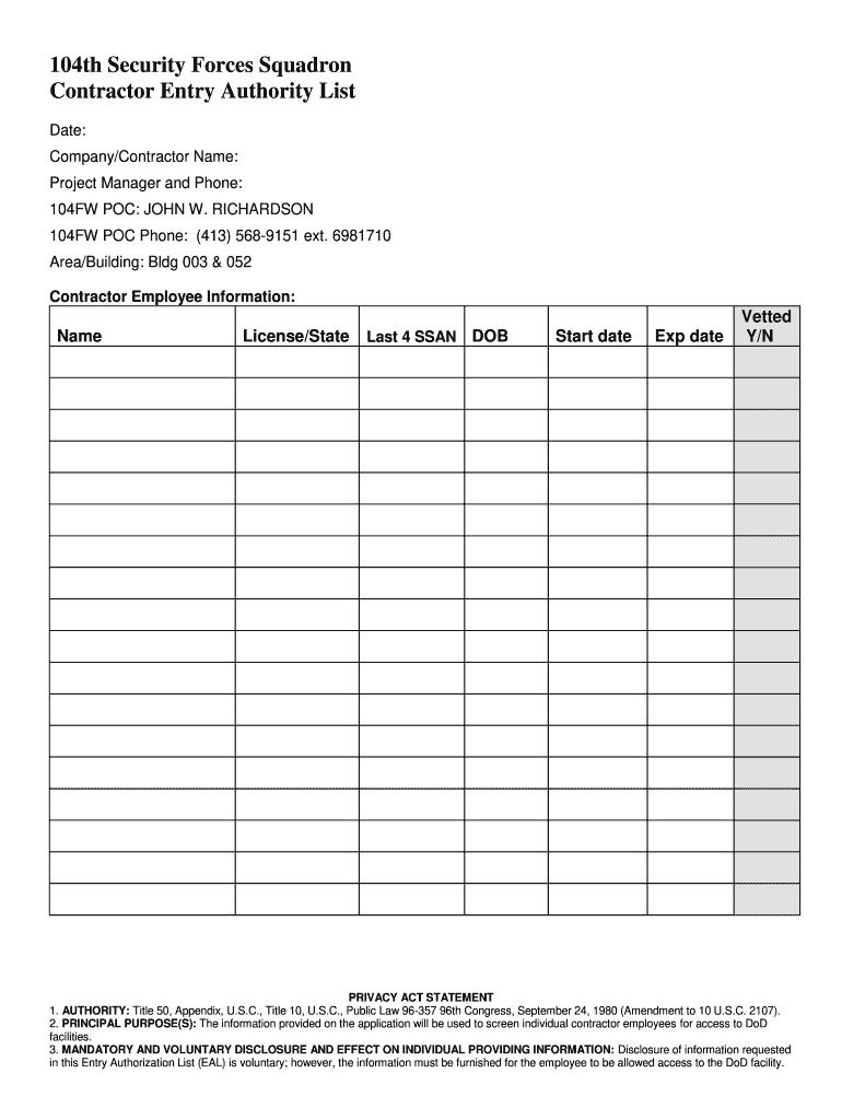 104th Security Forces Squadron Contractor Entry Authority List  Form