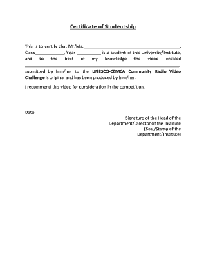 Studentship Certificate  Form