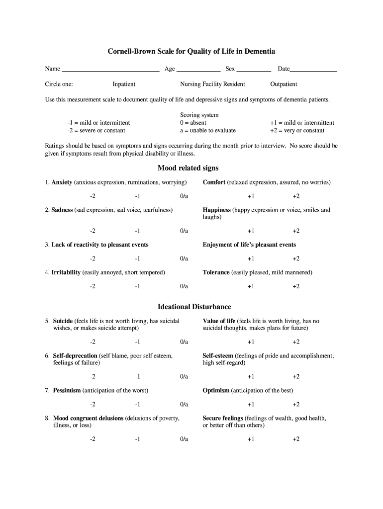 Cornell Brown Scale for Quality of Life in Dementia  Form