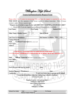 Willingboro High School Transcript Request  Form