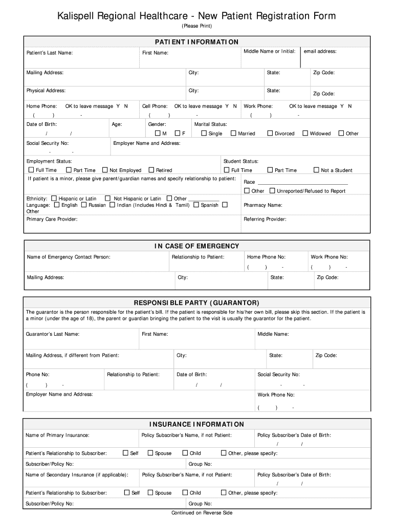 Kalispell Regional Healthcare New Patient Registration Form