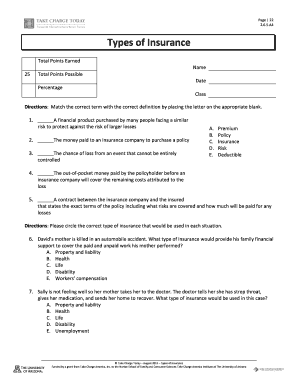 Types of Insurance Worksheet  Form