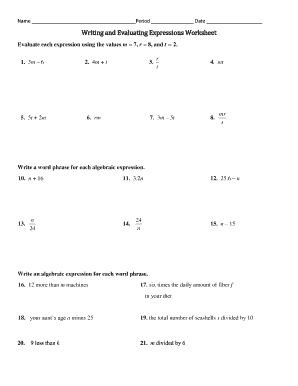 Writing and Evaluating Expressions Worksheet PDF Answer Key  Form