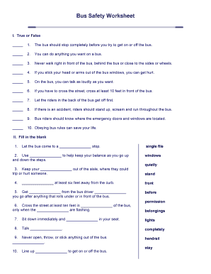 Printable Bus Safety Worksheets  Form