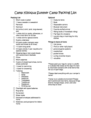 Camp Killoqua Packing List  Form