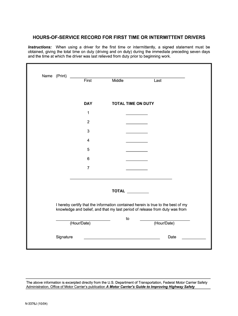 HOURS of SERVICE RECORD for FIRST TIME or INTERMITTENT DRIVERS  Form