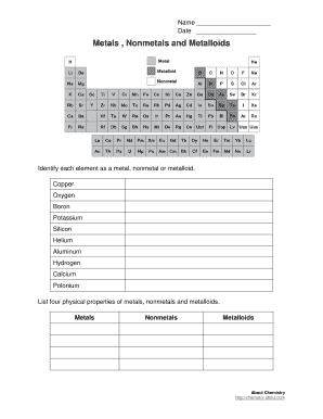 Metals Nonmetals and Metalloids Worksheet  Form