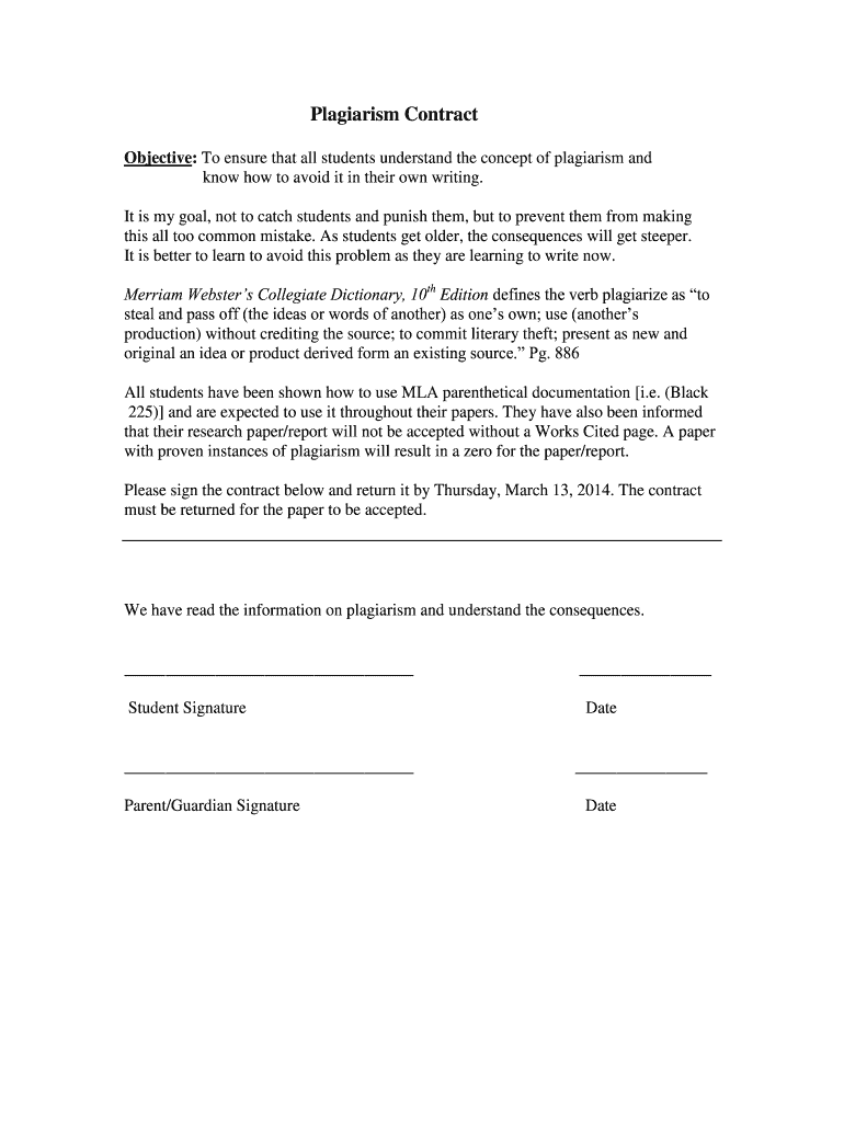 Plagiarism Contract  Form