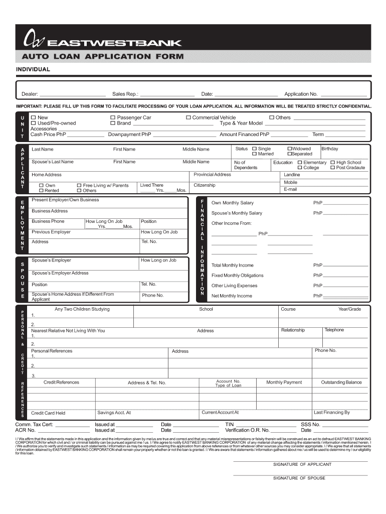 Eastwest Bank Auto Loan  Form